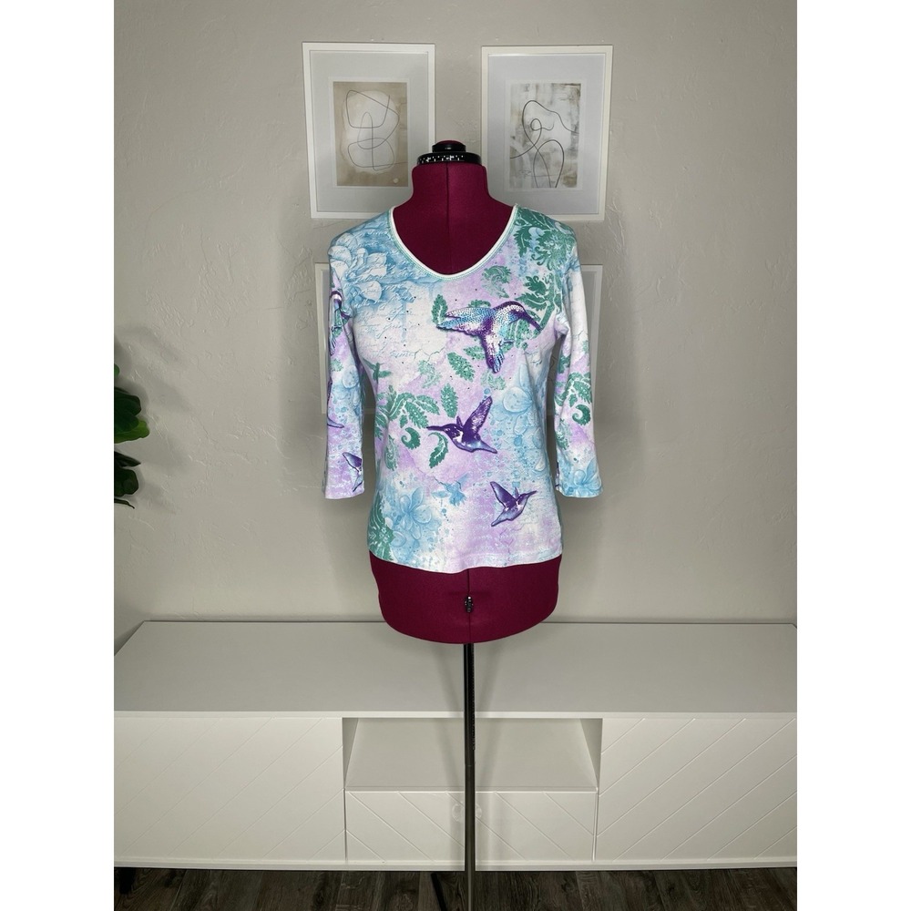 Cactus Bay Top Women's M 3/4 Sleeve Art To Wear Hummingbird Embellish‎